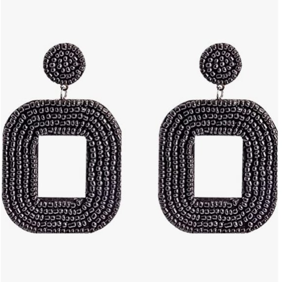 Oversized Black Handmade Beaded Dangle Earrings Post New Handcrafted Summer Boho - Picture 1 of 3